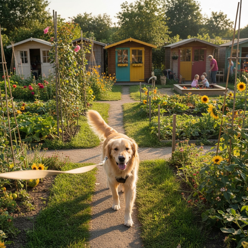 Ein Golden Retriever läuft an der Leine auf einem Gartenweg zwischen Blumenbeeten und bunten Gartenhäusern entlang.